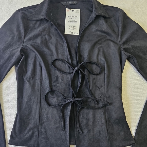 Zara Women Black Collared Long Sleeve Viscose Blazer Drawstring 90s Size M - Picture 3 of 10